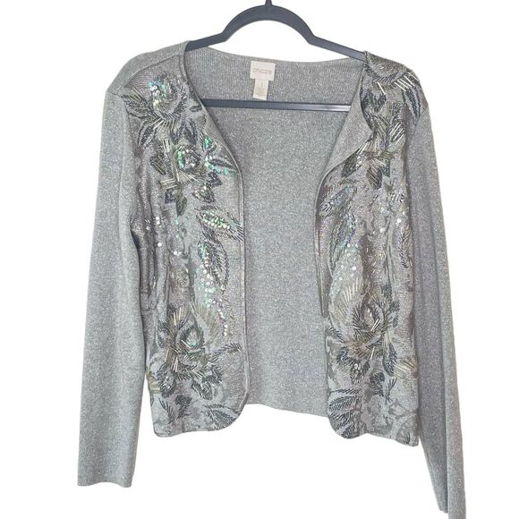 Chico's Open Front Beaded Cropped Gray Cardigan Sweater sz. 1 (8/10 US) SS - Picture 1 of 11